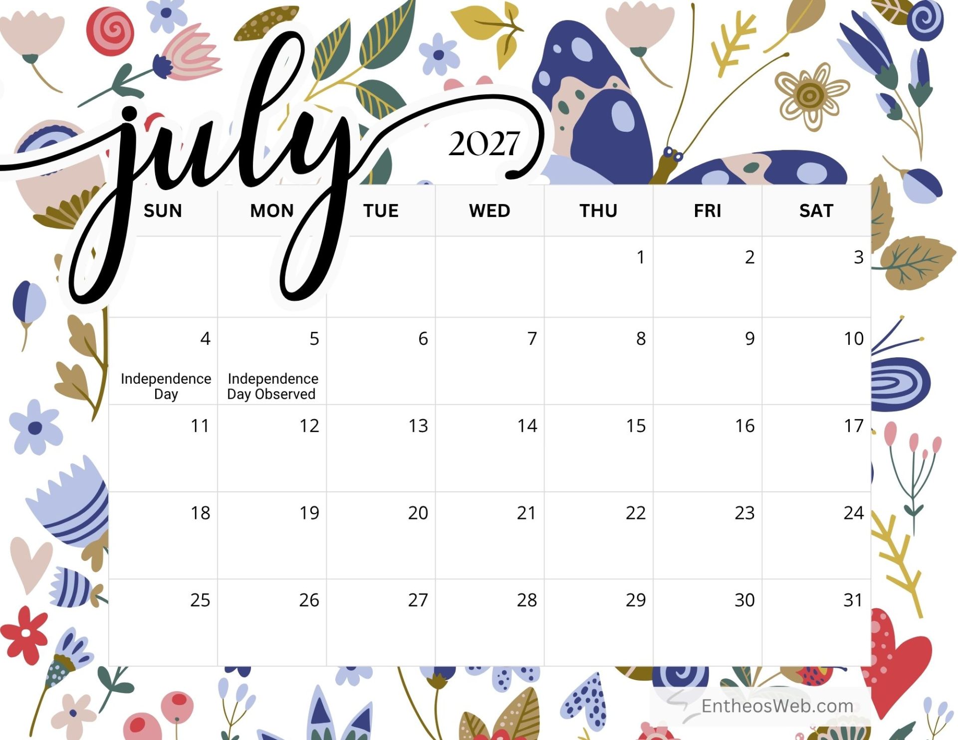 Printable July Calendars With Holidays