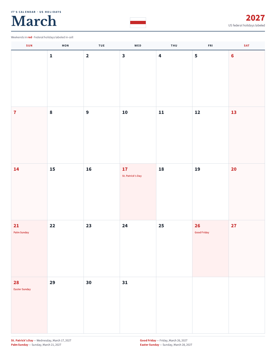 Printable March Calendar