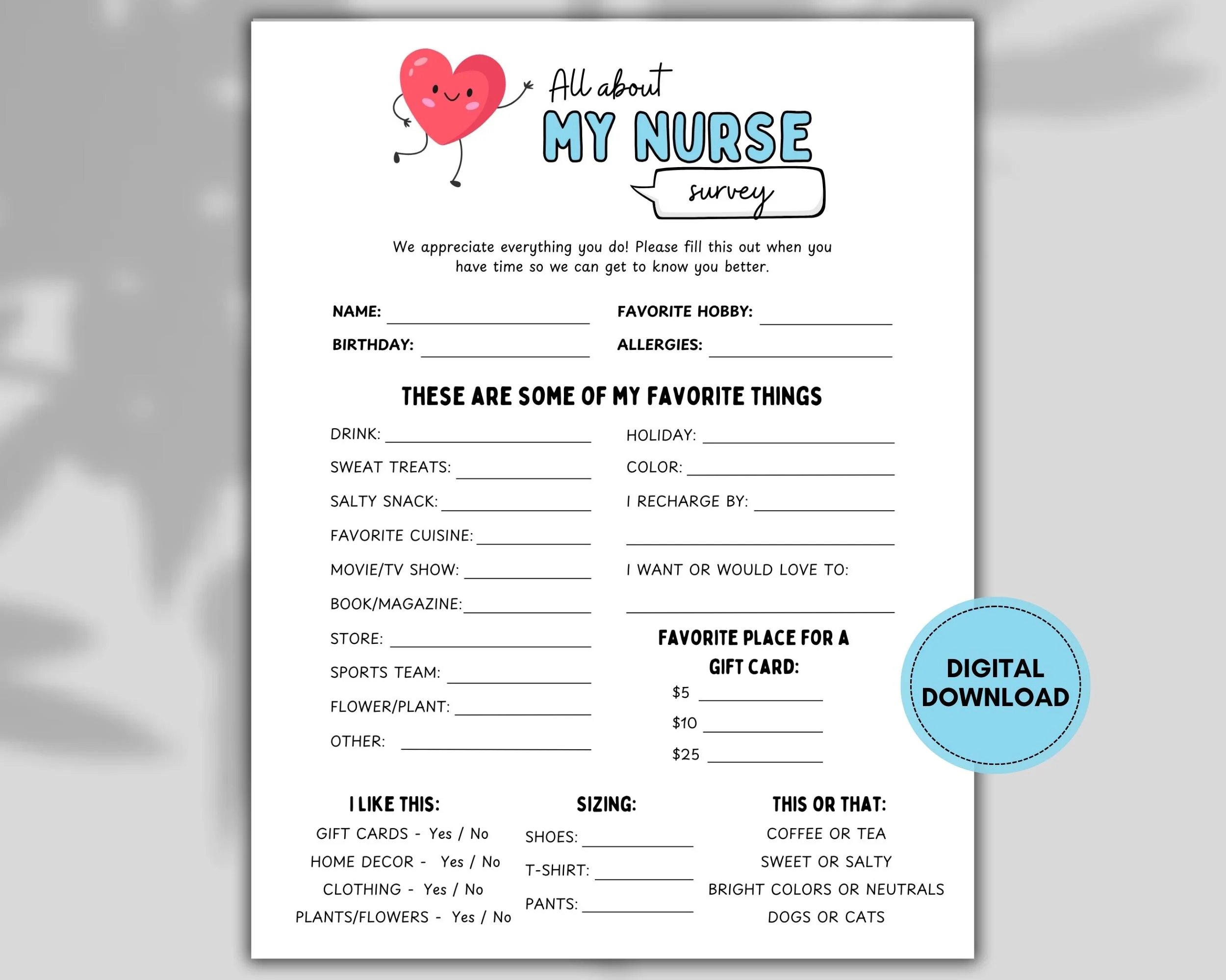 Printable Nurse Favorites Form All About
