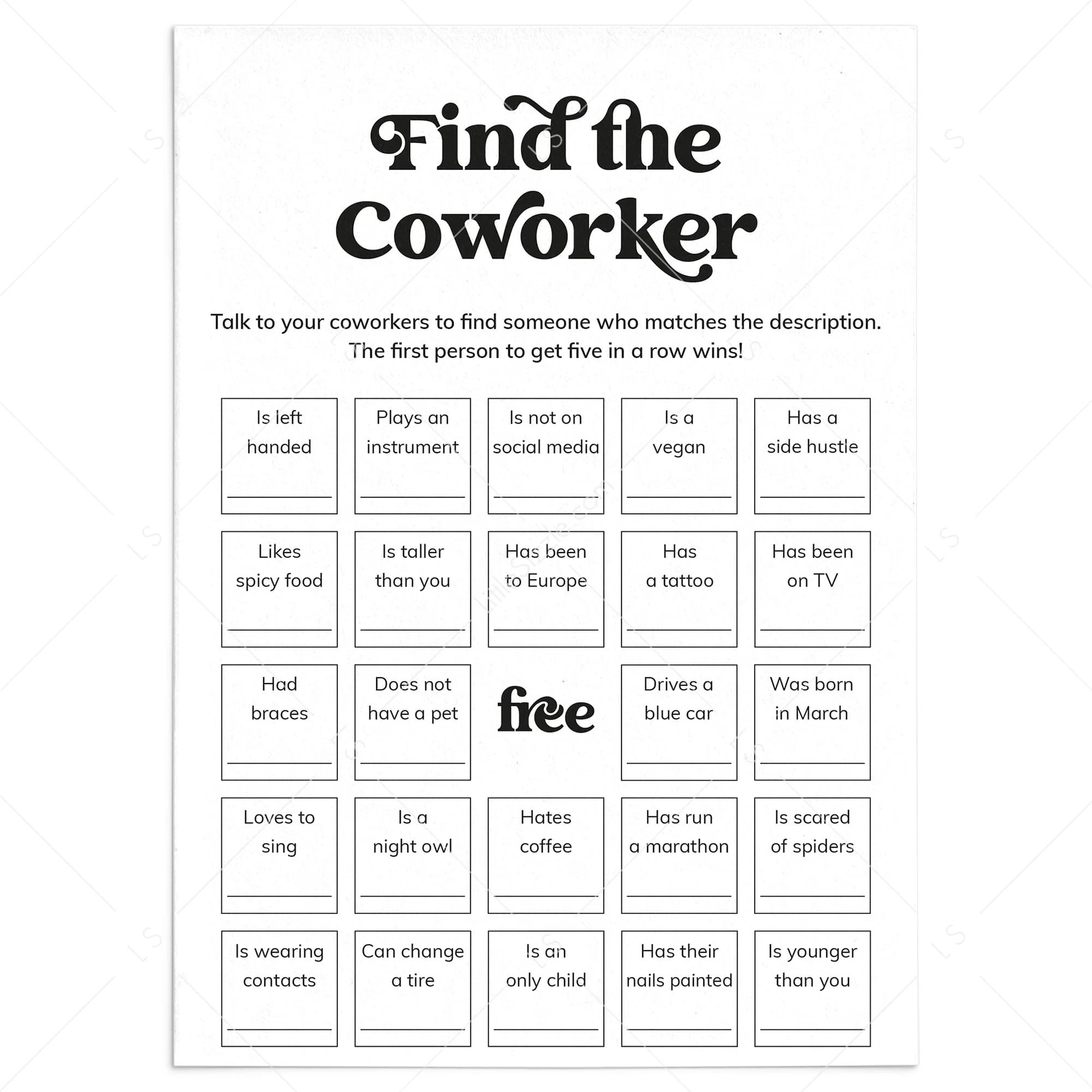 Printable Office Human Bingo Find The Coworker