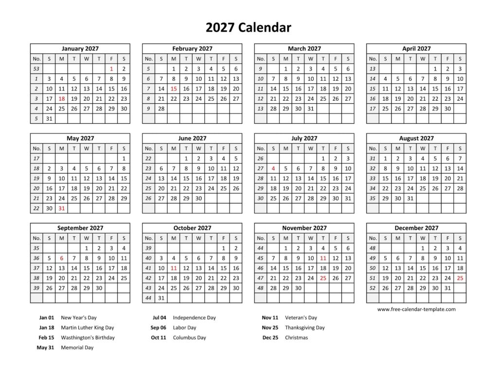 Printable Yearly Calendar