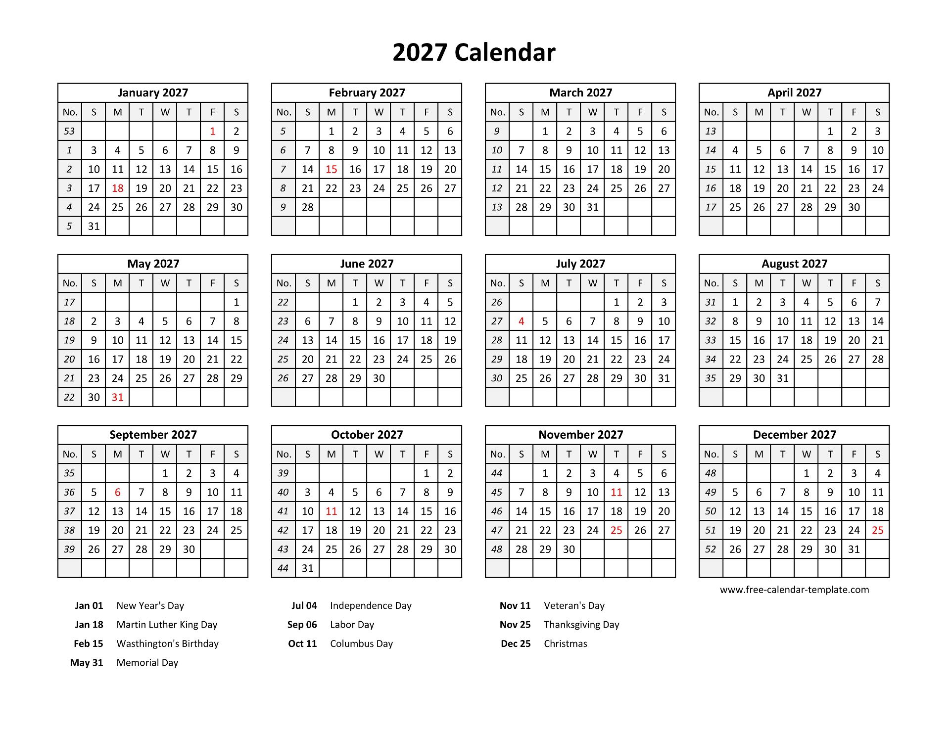 Printable Yearly Calendar
