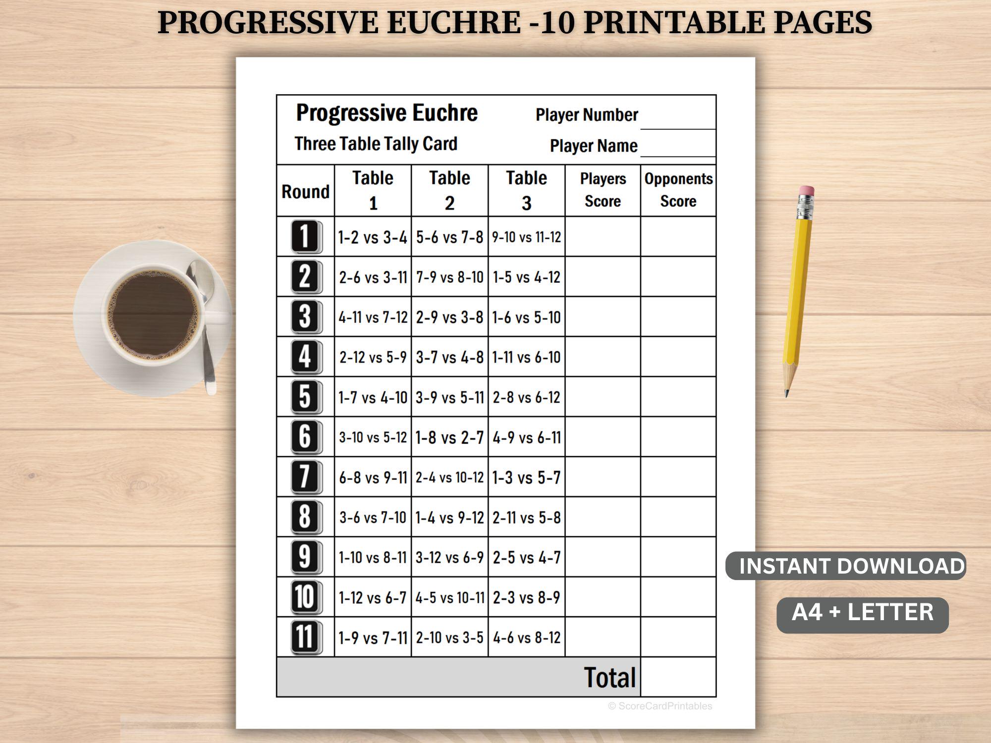 Progressive Euchre Score Sheet 12 Player