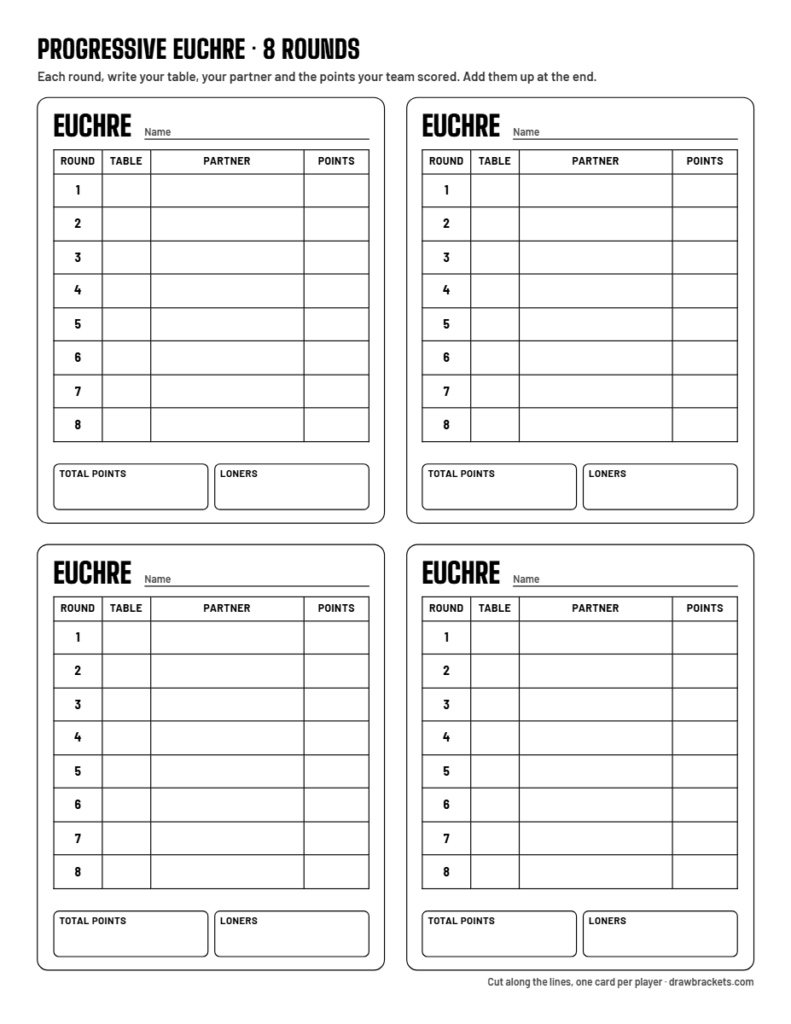Progressive Euchre Score Sheets