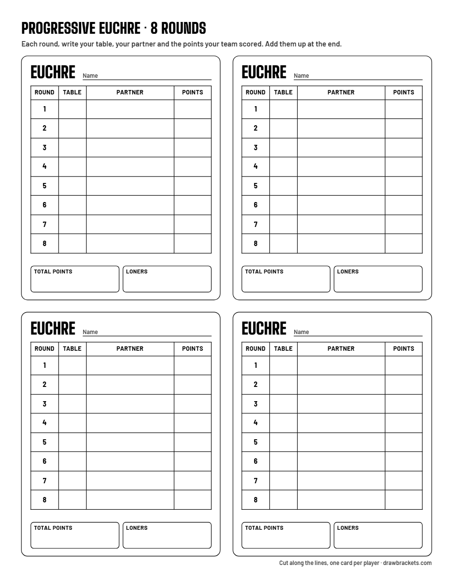 Progressive Euchre Score Sheets