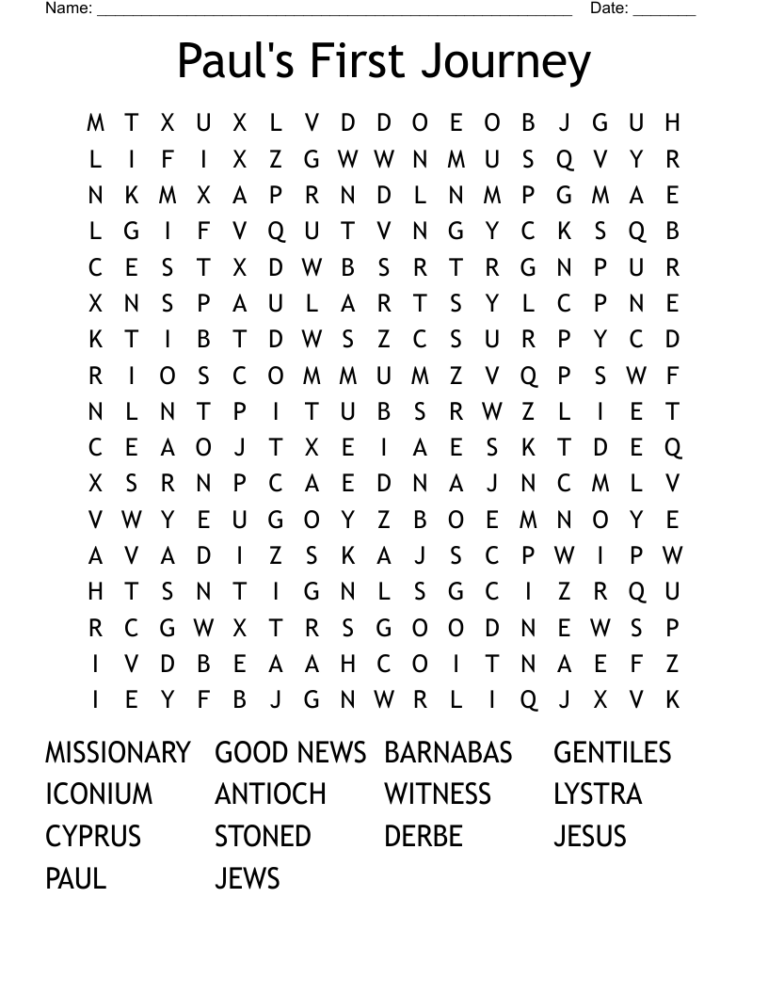 Paul's Journeys Bible Word Search Puzzle For Kids Free Printable Pdf