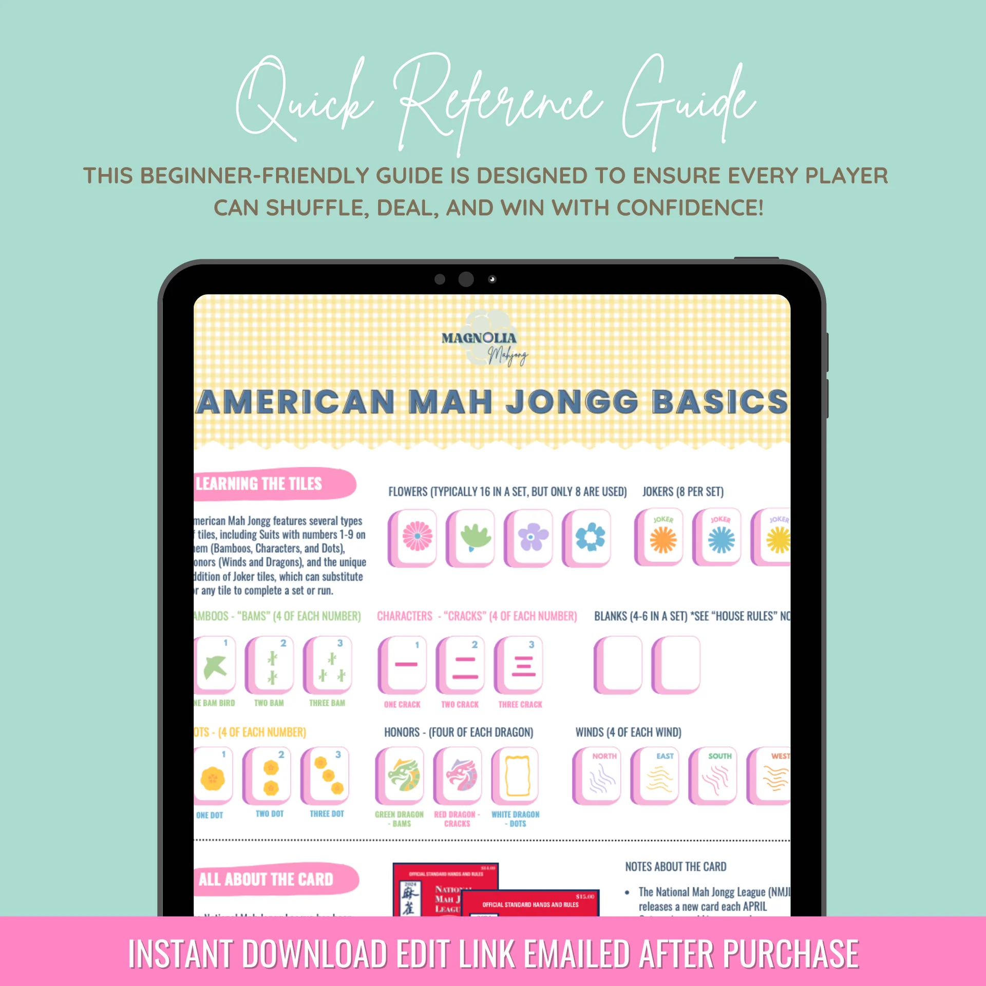 Quick Visual Reference Guide To American Mahjong For Beginners How To Play Tiles Strategies Hosting Tips Cocktails Digital Download