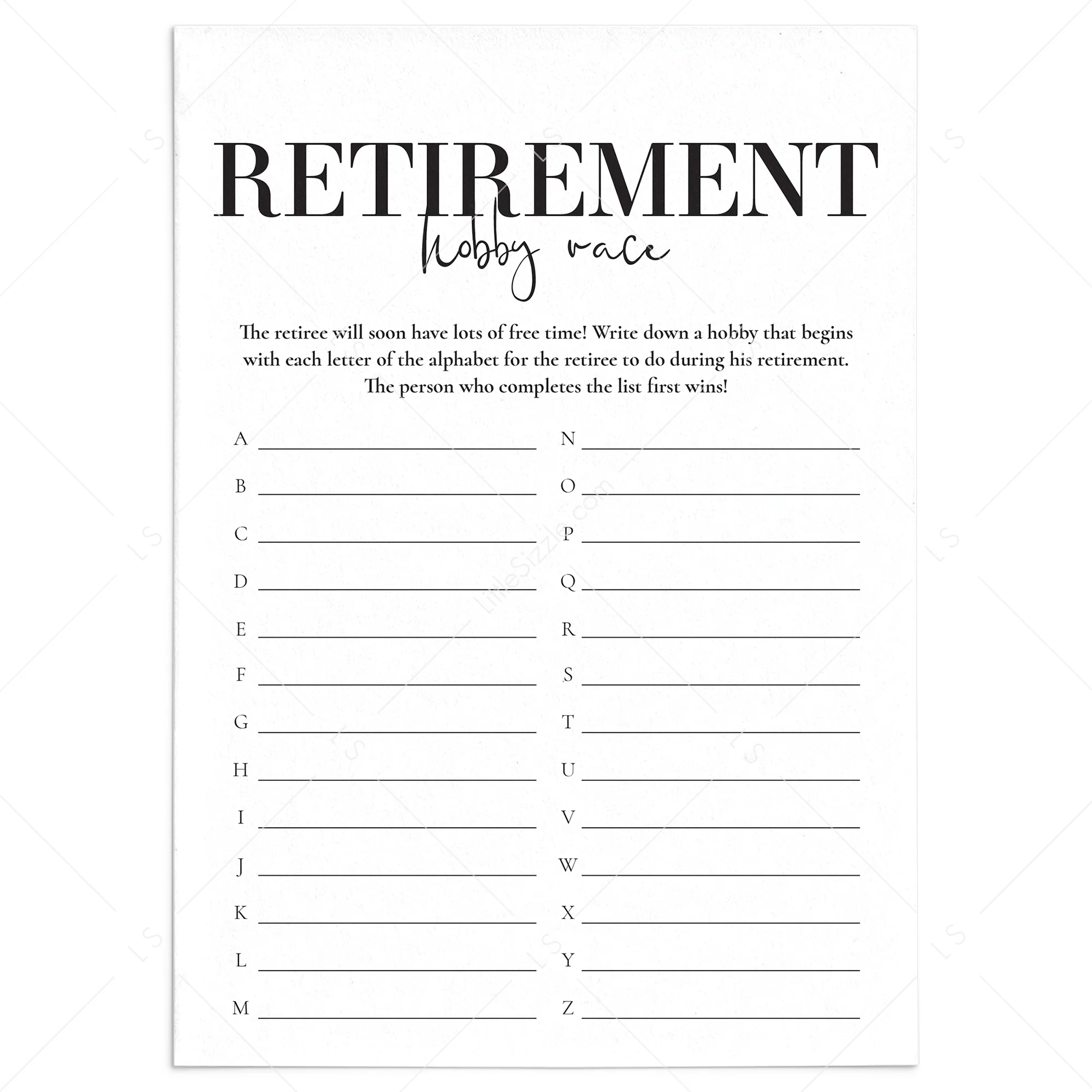 Retirement Party Game Hobby Race Printable