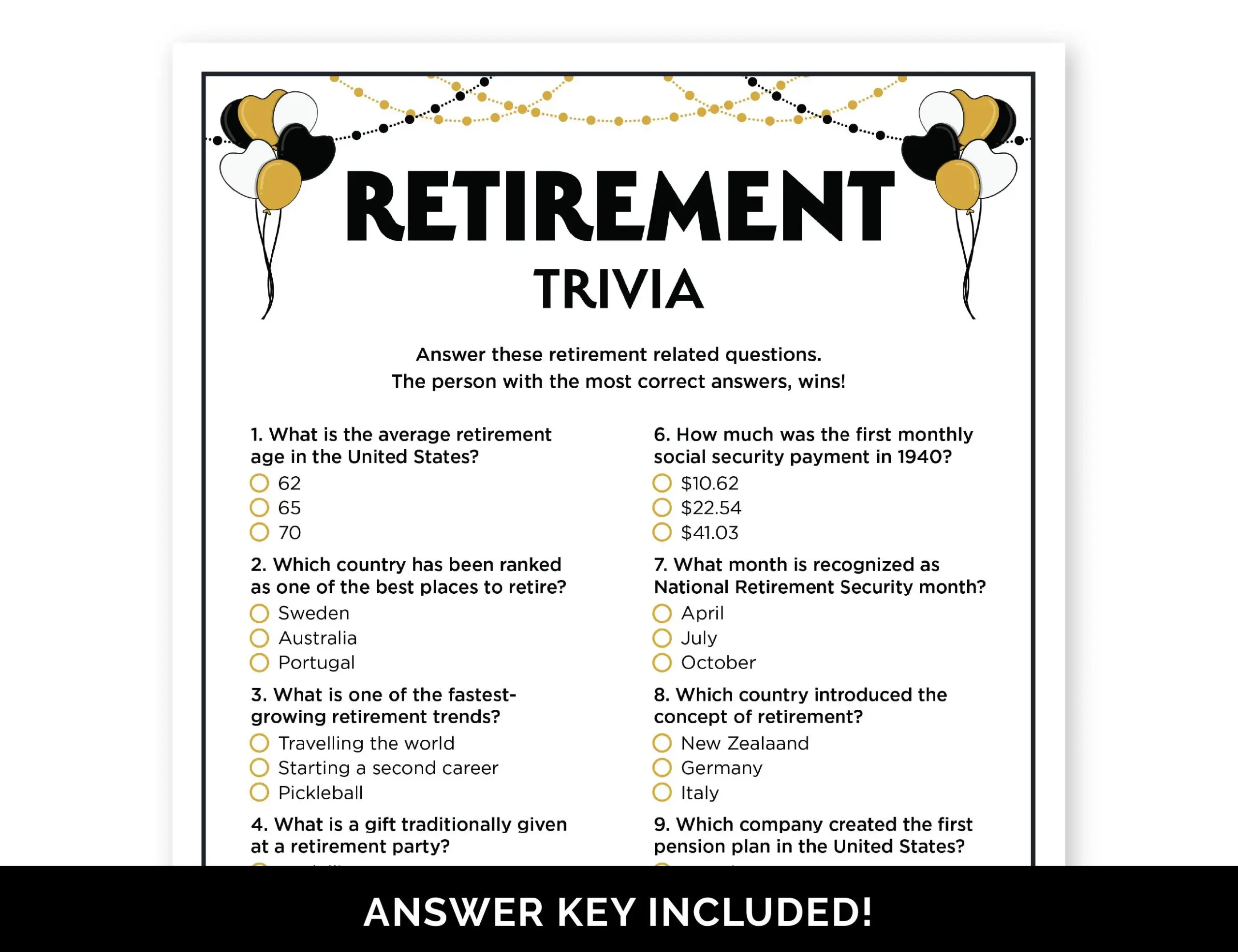 Retirement Trivia Game Printable Quiz Retirement Trivia Game Printable Quiz