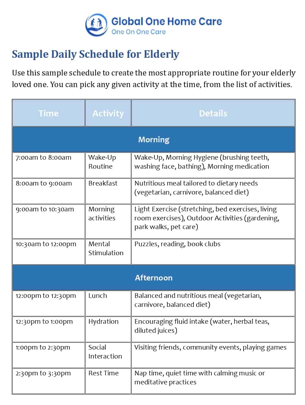 Sample Daily Schedule For Elderly Sample Daily Schedule For Elderly