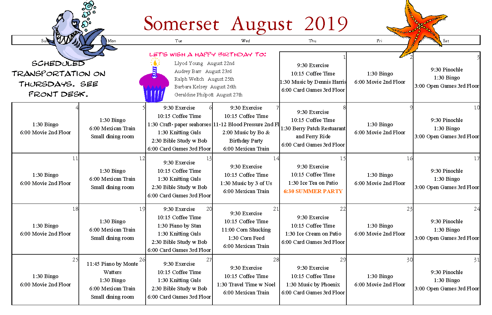 Senior Calendar August 2019