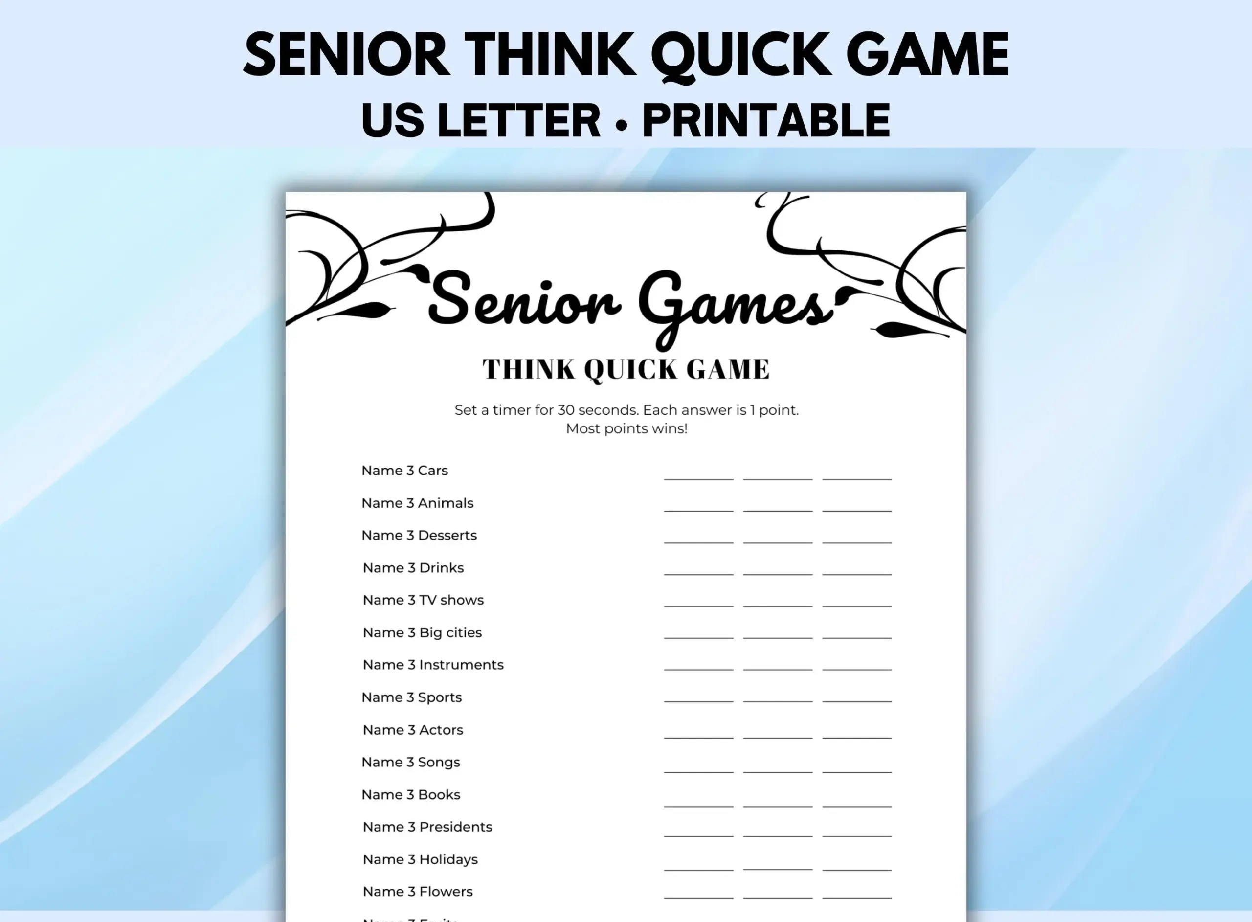 Senior Think Quick Game Printable Games