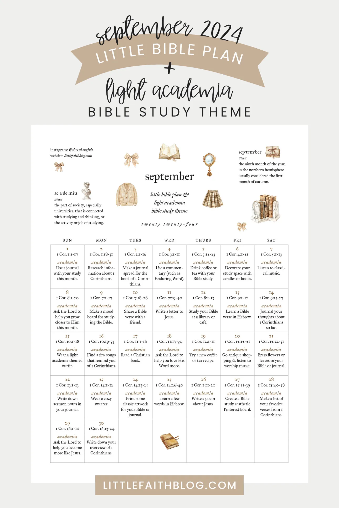 September 2024 Bible Reading Plan Light Academia Bible Study Theme