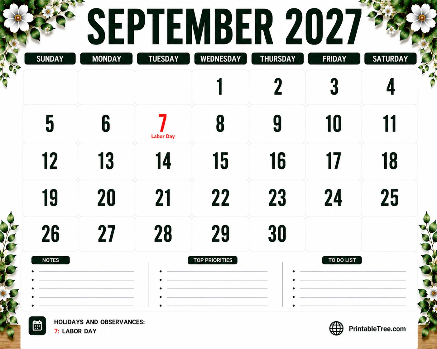 September 2027 Calendar Printable