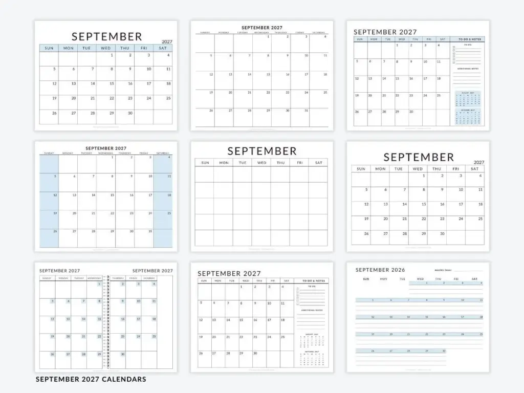 September 2027 Calendar Templates Free Printable Pdfs