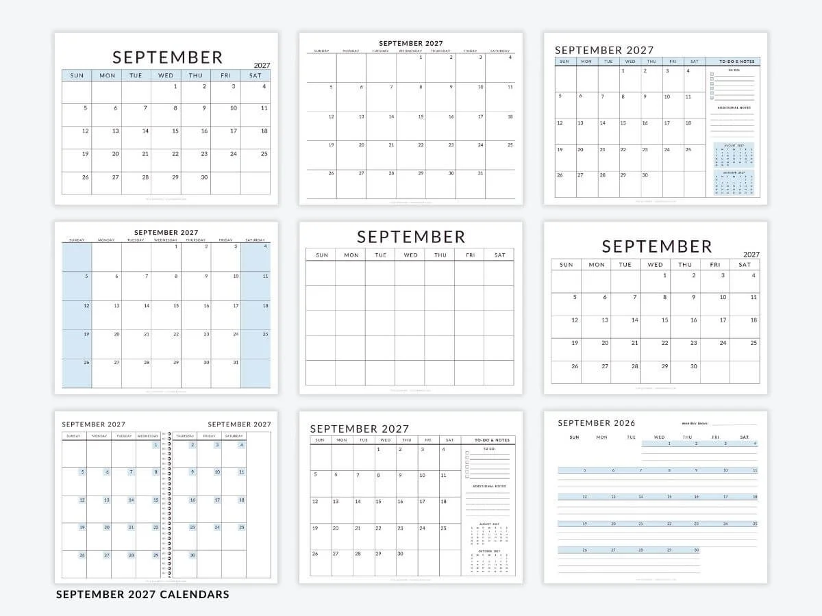 September 2027 Calendar Templates Free Printable Pdfs