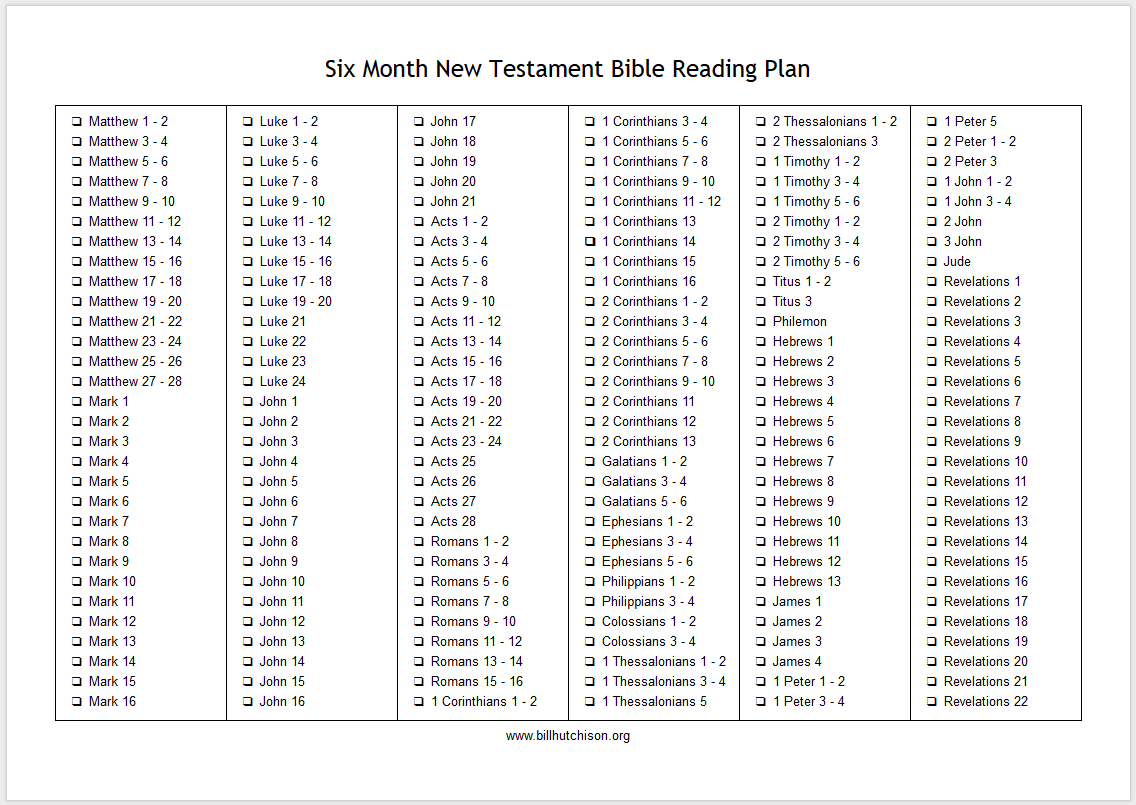 Six Month New Testament Bible Reading Plan Six Month New Testament Bible Reading Plan