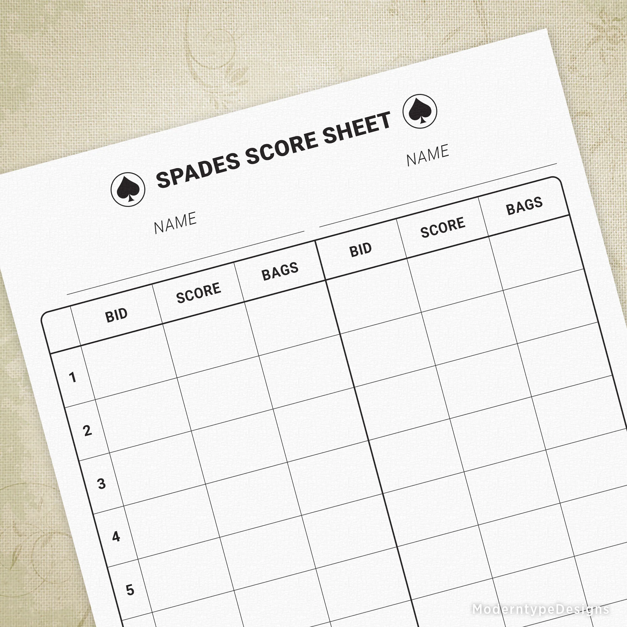 Spades Score Sheet Printable Form Gam015
