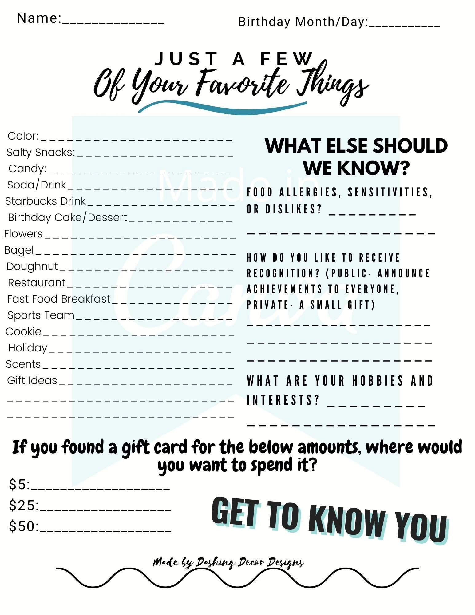 Staff Favorites Sheet