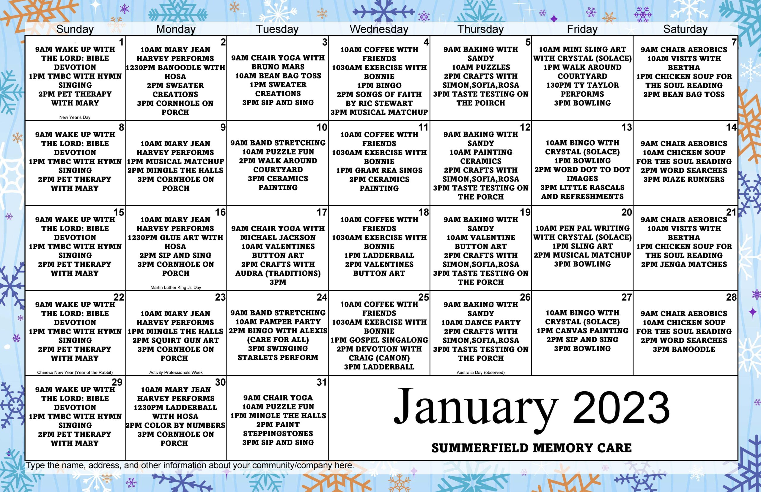 Summerfield Of Gulfport Memory Care January Calendar Of Events