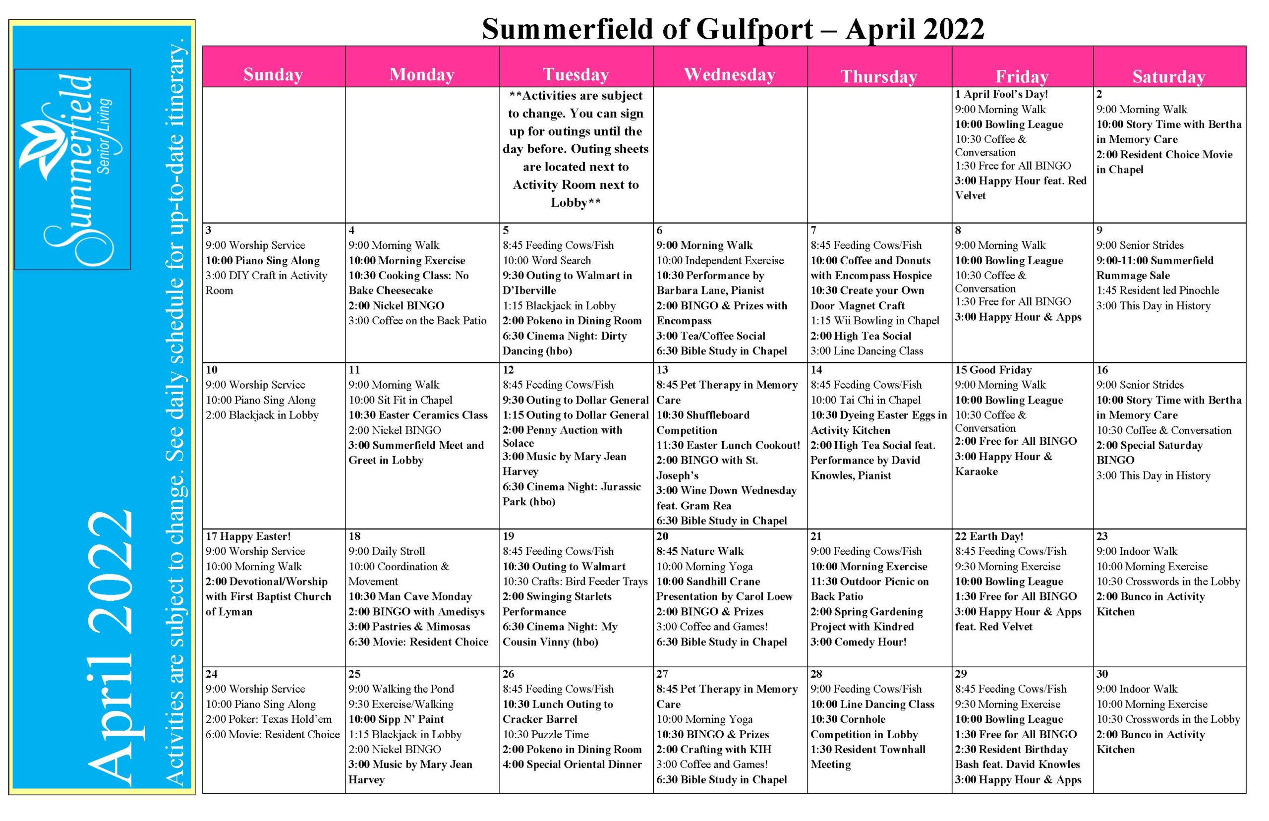 Summerfield Of Gulfport Senior Living Calendar Of Activities April 2022