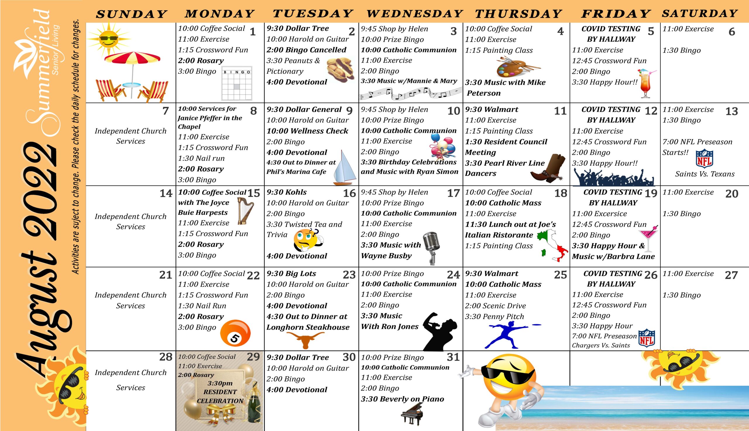 Summerfield Of Slidell Calendar Of August Activities
