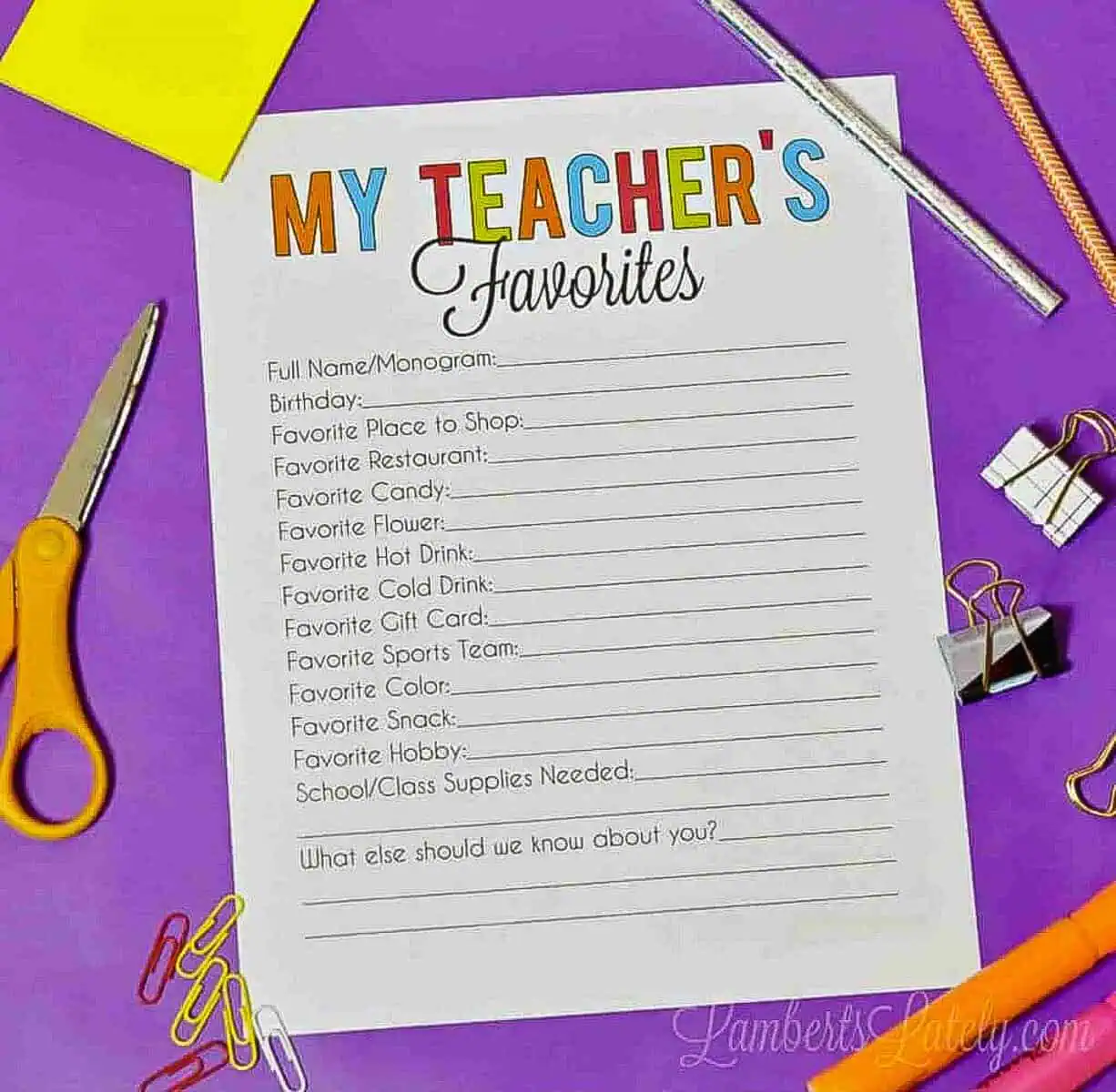 Teacher Favorite Things Form