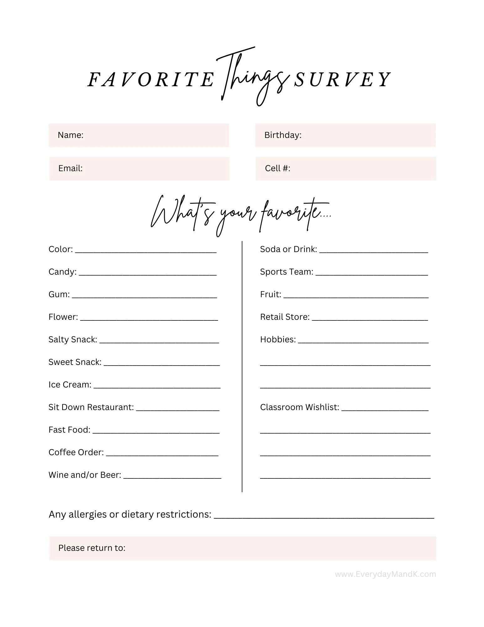 Teacher Favorite Things Survey Free Download