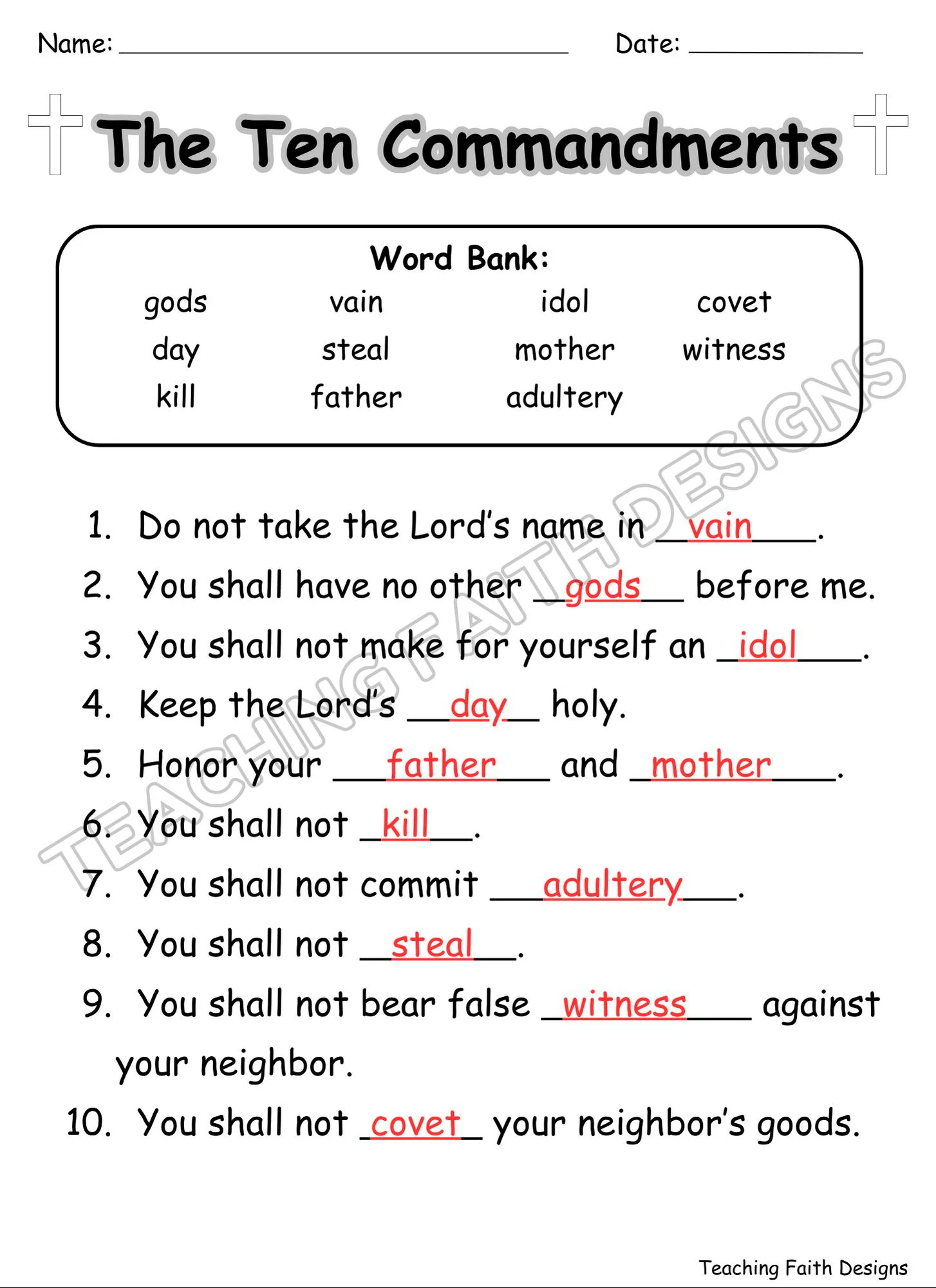 The Ten Commandments Fill In The Blank