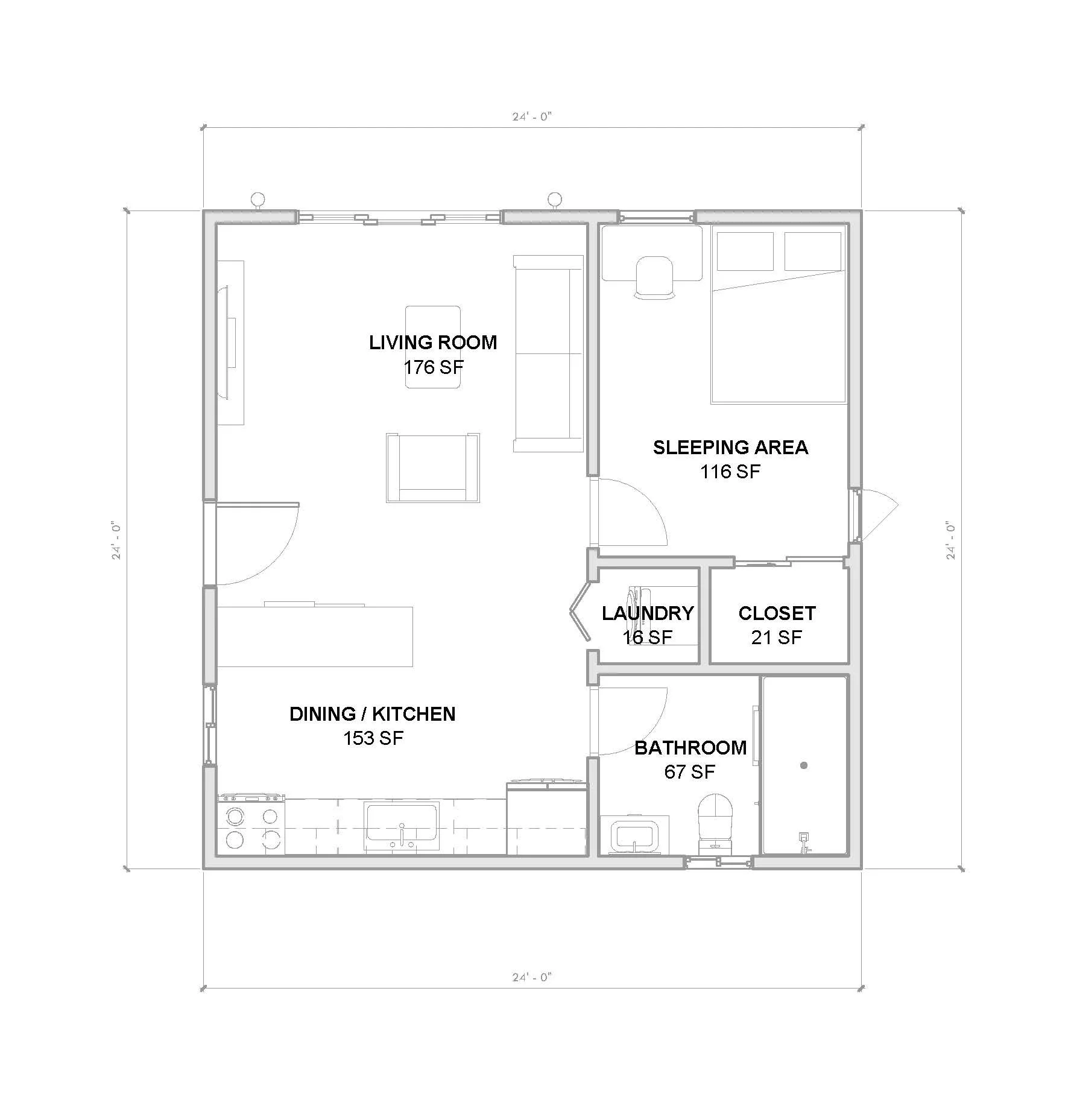 Tiny House Plan 1 Bed 1 Bath 576 Sq Ft