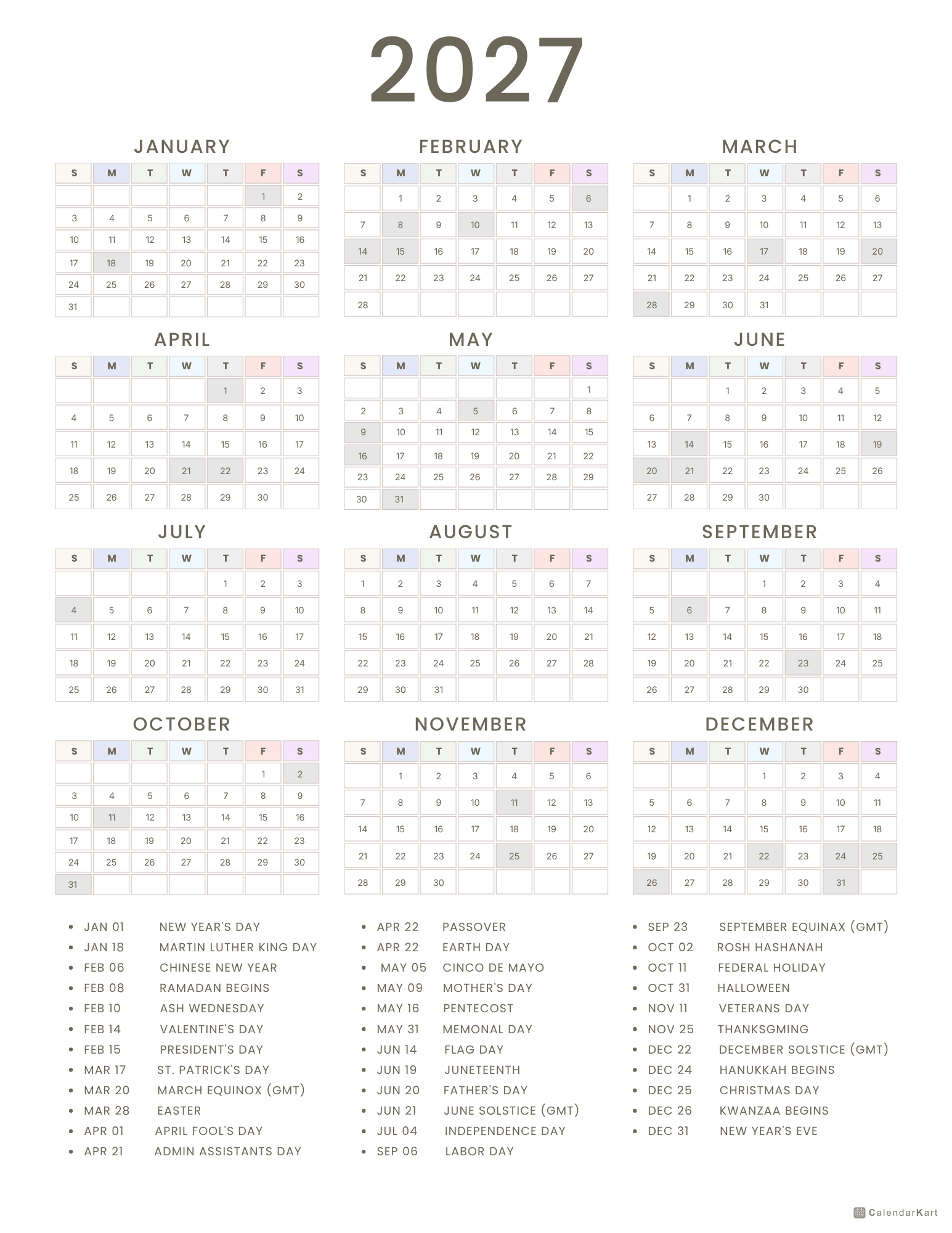 United States Calendars With Holidays