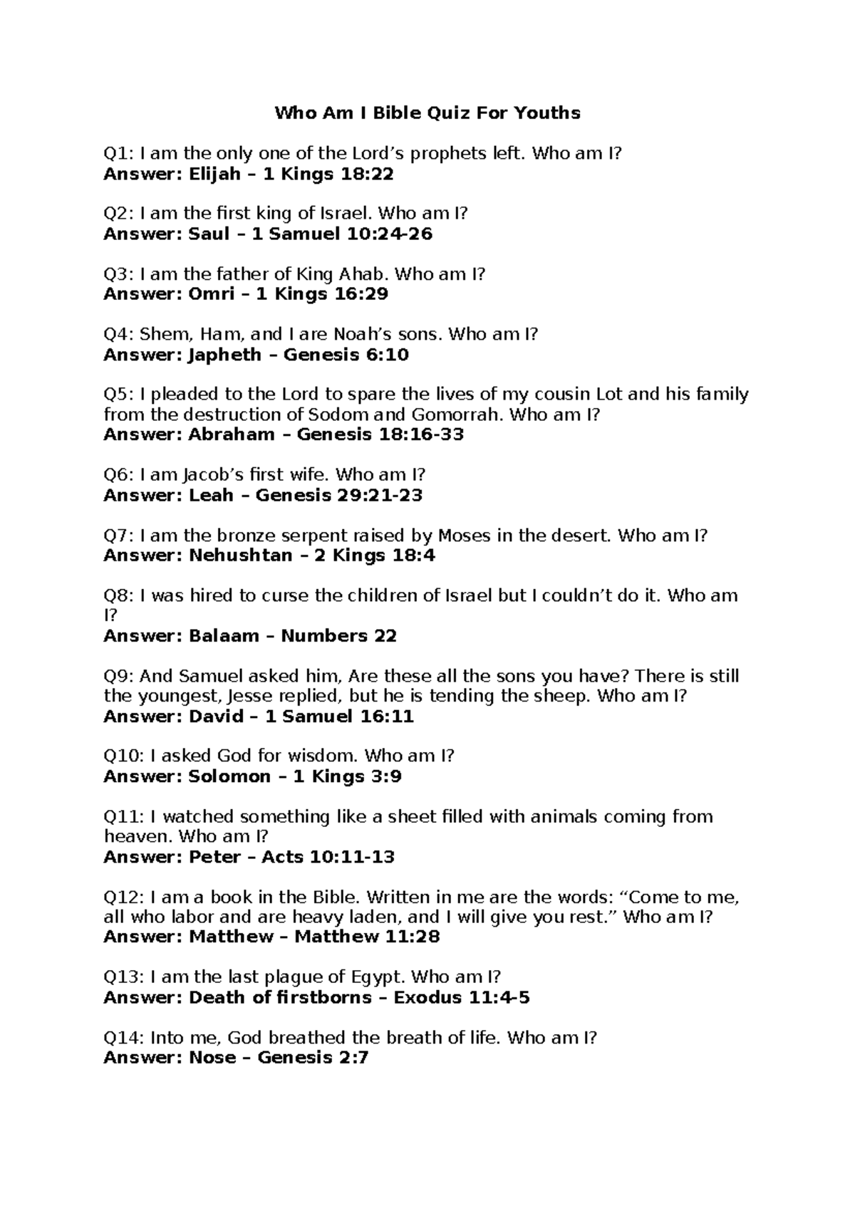 Who Am I Bible Quiz For Youths