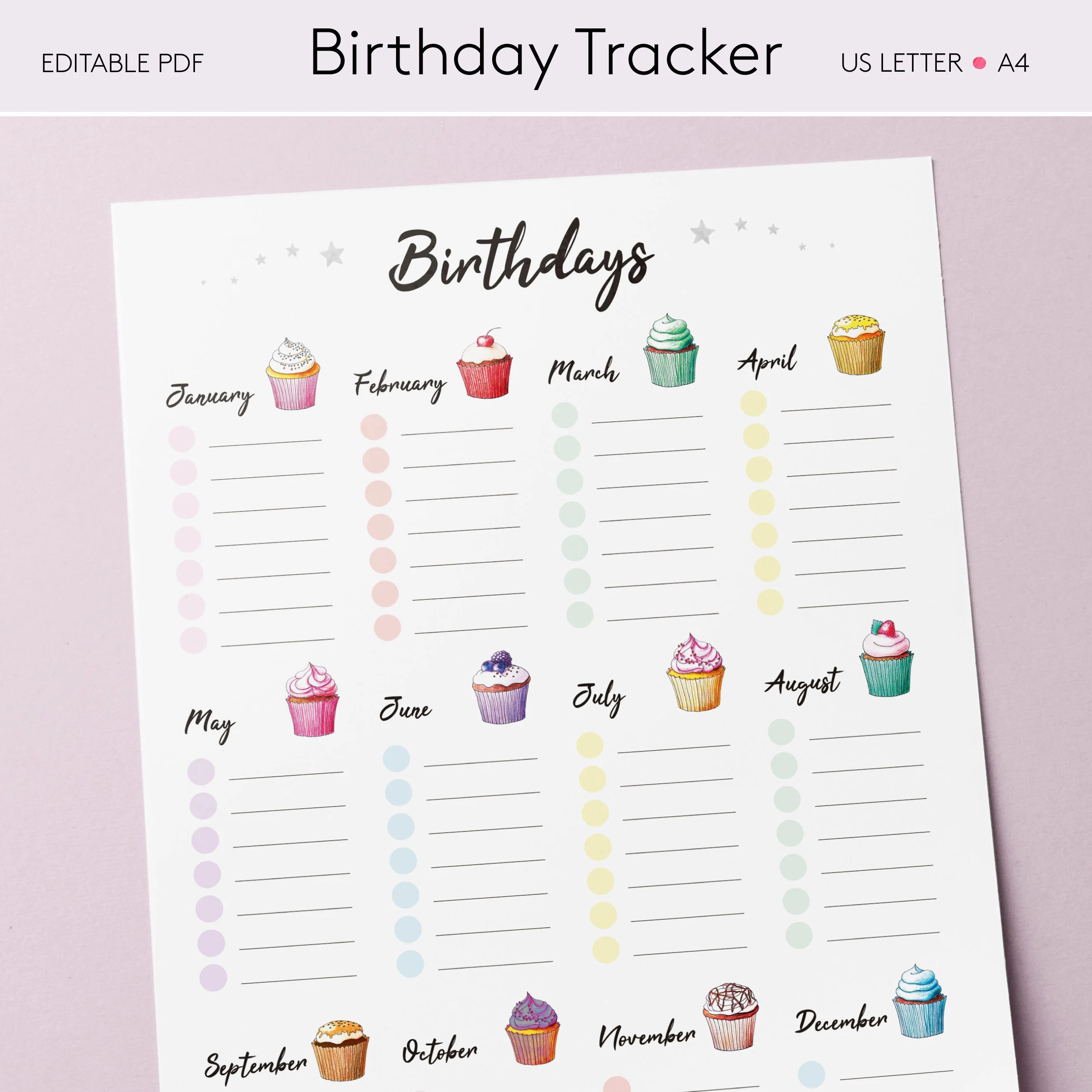 Year Birthday Calendar Editable