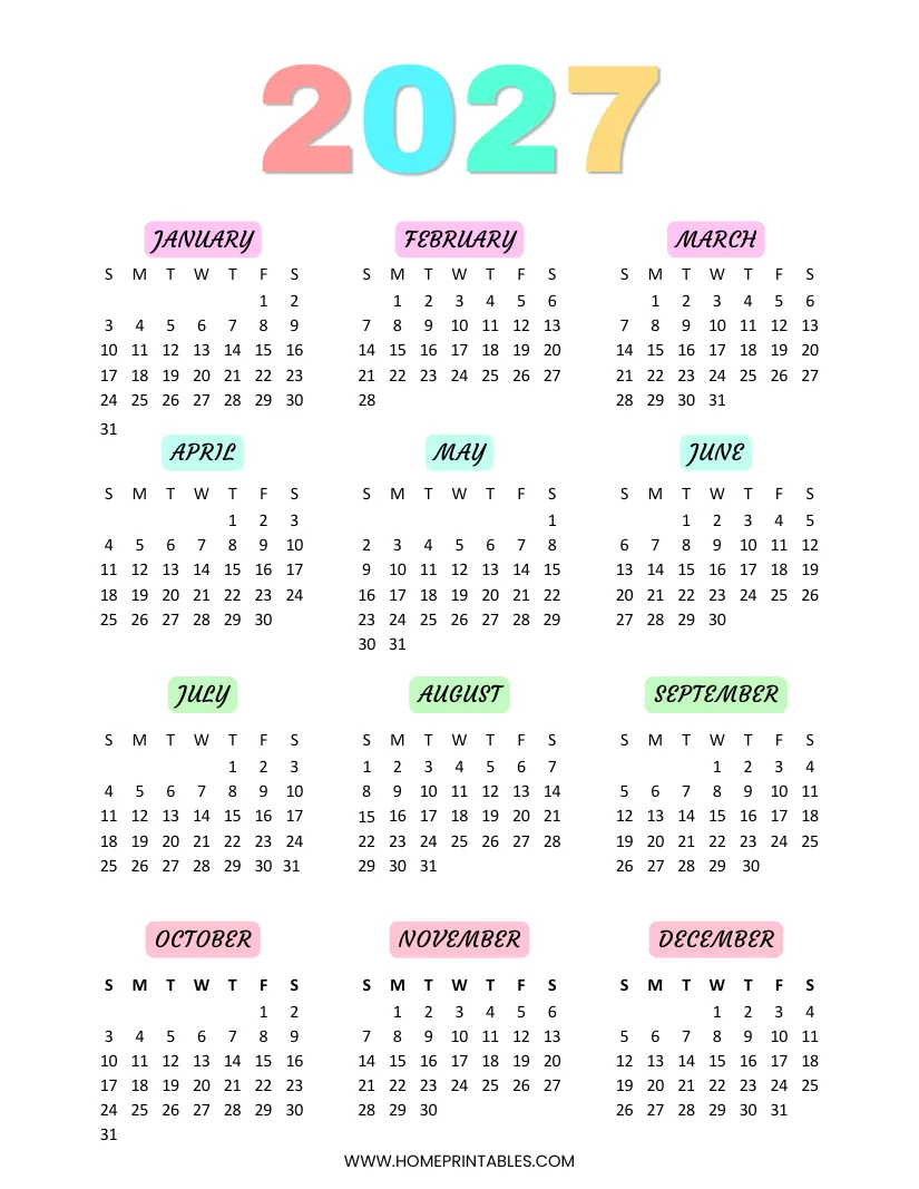 Yearly 2027 Calendar