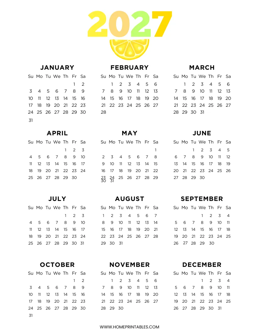 Yearly 2027 Calendar