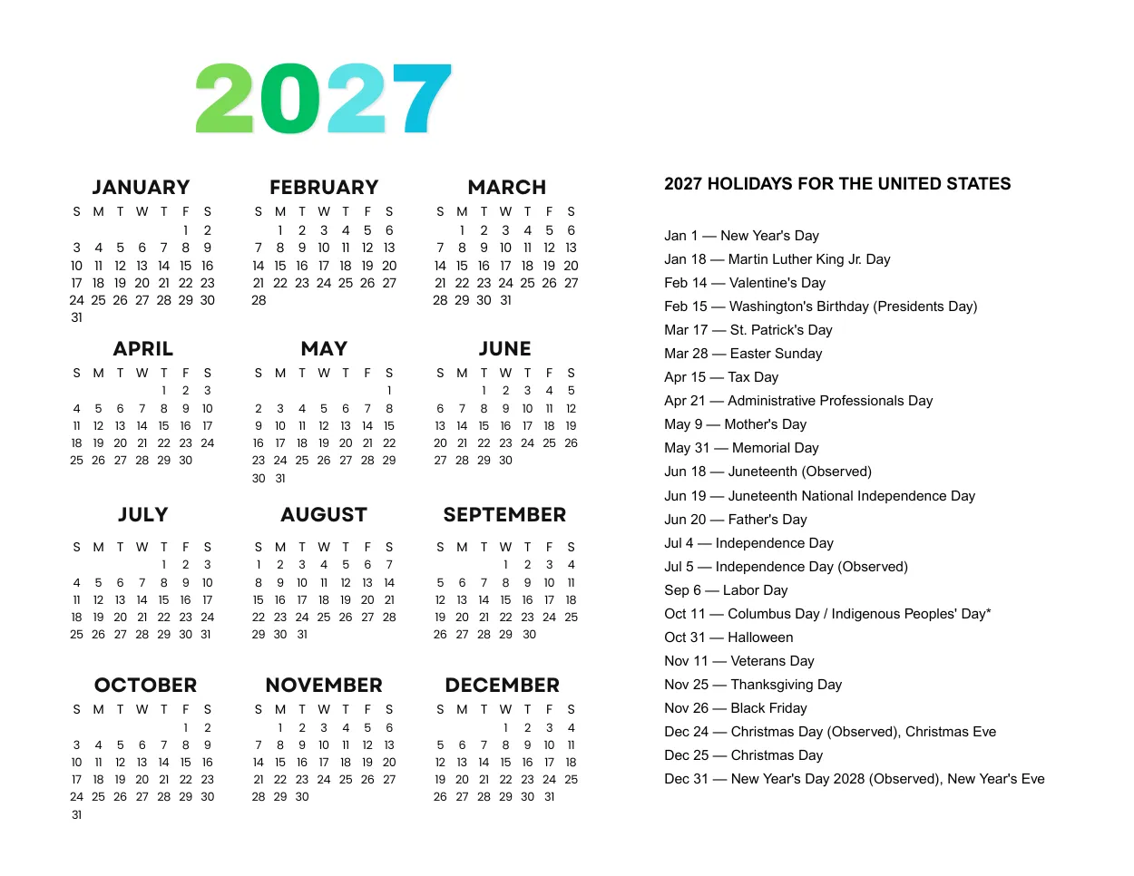 Yearly Calendar 2027